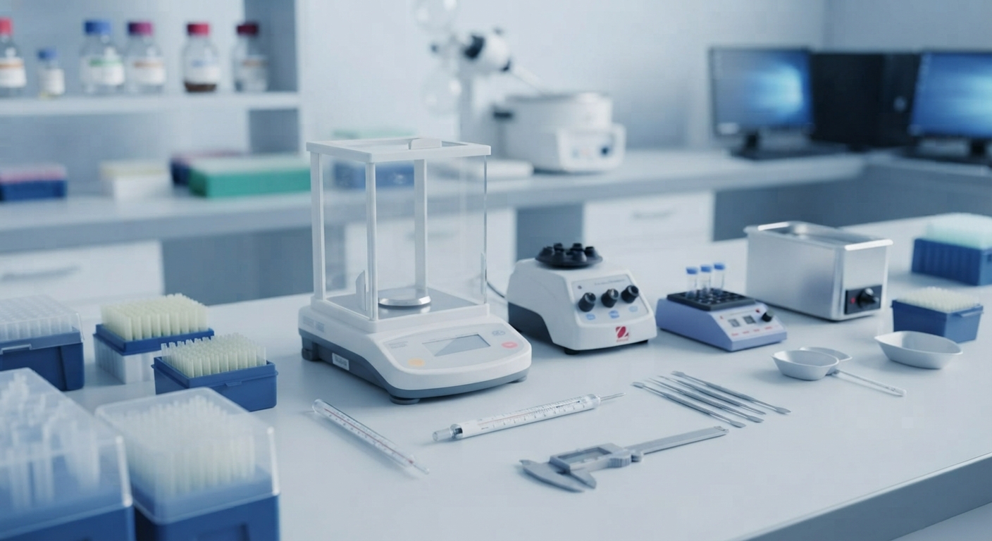 Comprehensive setup of analytical laboratory tools and equipment including precision balance, vortex mixer, and measuring instruments on a lab bench