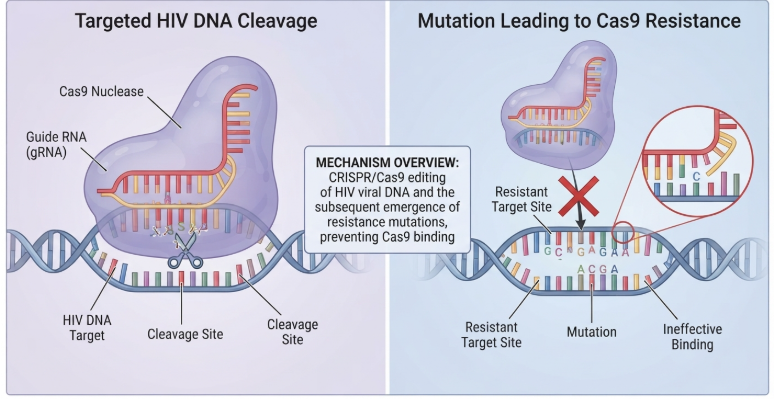 CRISPR/Cas9 molecular scissors mechanism targeting viral DNA in HIV research