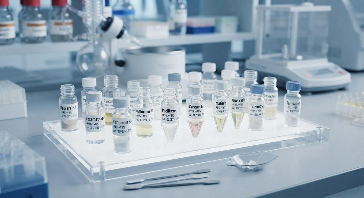 Collection of high-purity small molecule standards in labeled glass vials, including Resveratrol and Dexamethasone, displayed on an illuminated analytical platform for pharmaceutical research.